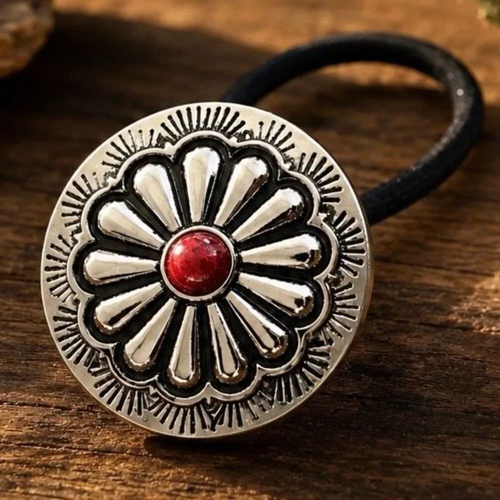 Western Concho Ponytail Holder Navajo Style, Red Accent Stone